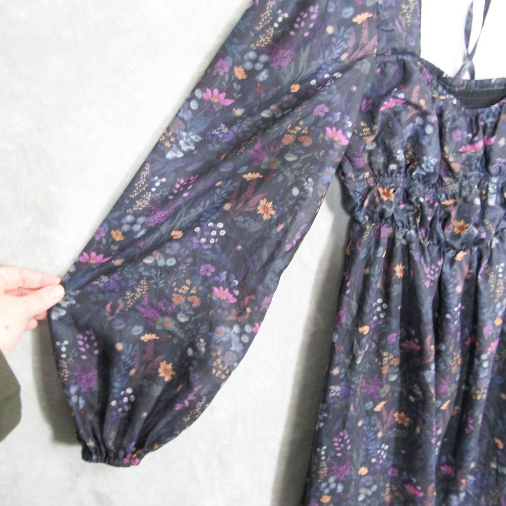 Disturbia Dark Floral Mini Dress Long Balloon Sleeve Smocked Tie Back US 4 y2K - Picture 3 of 11